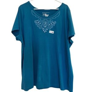 JMS Teal Embellished Women's 3XL Top short Sleeves Relaxed Fit colorful Bohemian